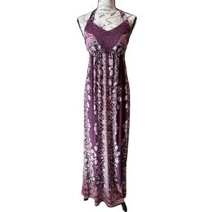 Vanity Womens Plum Floral Crochet Halter Maxi Dress‎ Purple Boho Smocked Small